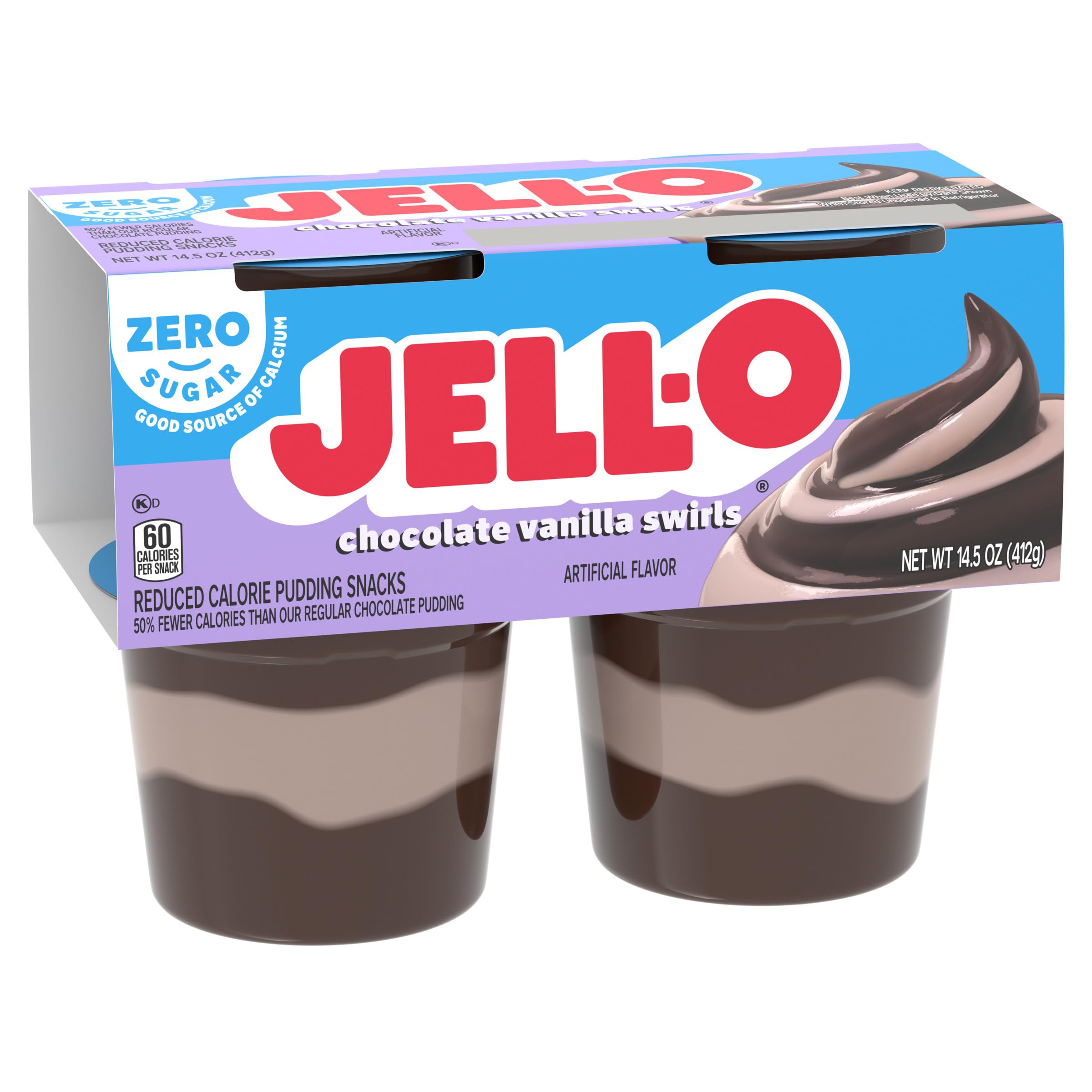Jell-O Chocolate Vanilla Swirls Artificially Flavored Zero Sugar Ready-to-Eat Pudding Snack Cups, 4 ct Cups