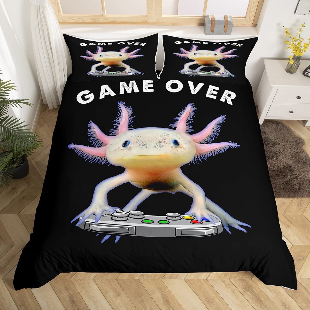 Axolotl Comforter Cover, Cute Axolotl Play Gamer Bedding Set Double For Kids Boys Teens Games Room Decor, Mexican Animal Duvet Cover Aquatic Reptile Axolotl Quilt Cover With 2 Pillow Case, Black — image 1