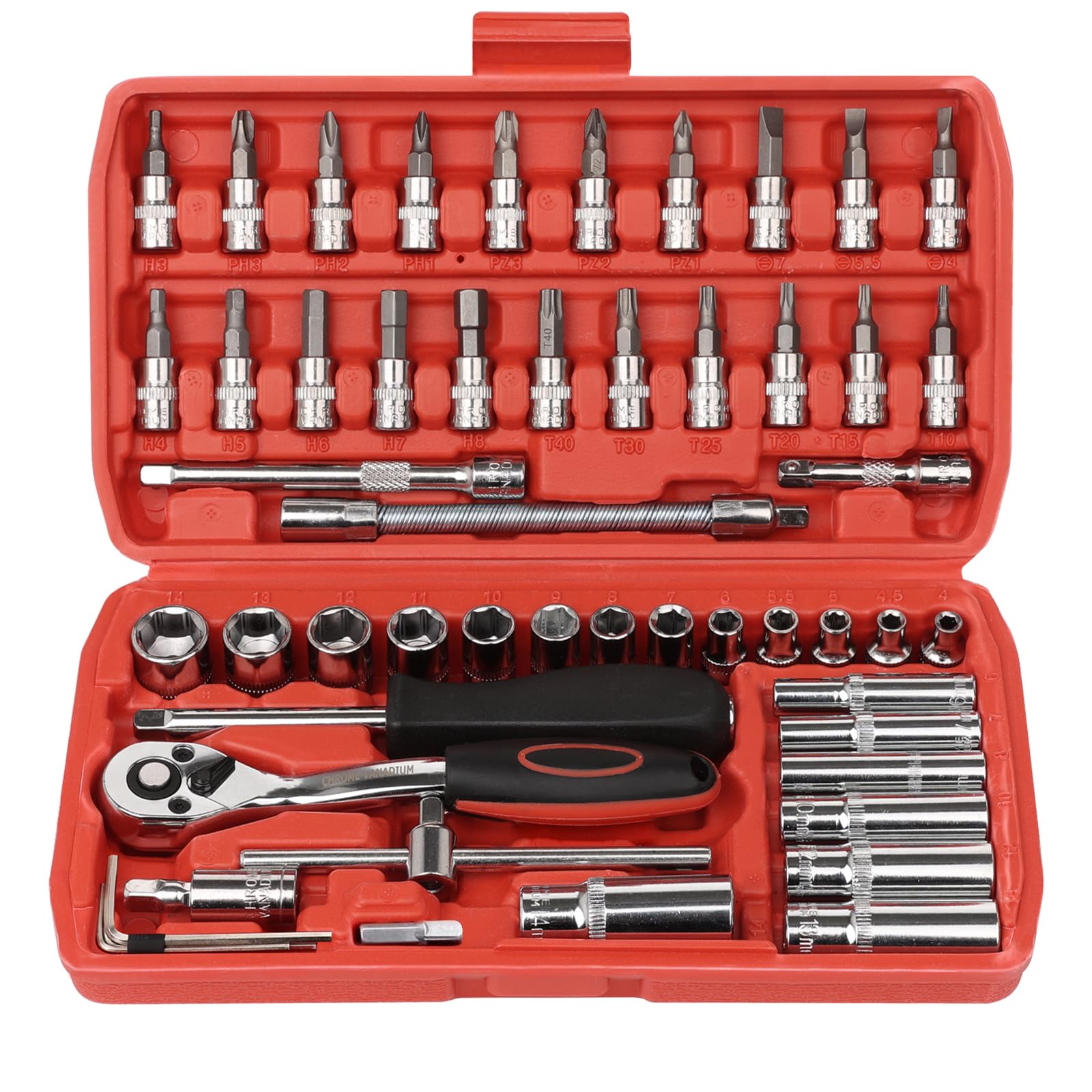 Photo 1 of *MINOR DAMAGE - USED*
Egofine 53 Pieces 1/4 inch Drive Socket Ratchet Wrench Set with 72 Tooth Reversible Ratchet, with Bit Socket Set and Extension Bar for Auto Repairing and Household, with Storage Case