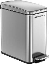 SONGMICS Narrow Pedal Bin with Lid, 2.6 Gallons, Slim Steel Trash Can, Silver