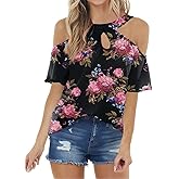Womens Summer Halter Cold Shoulder Tops Sexy Casual Short Sleeve Keyhole T Shirts Blouse