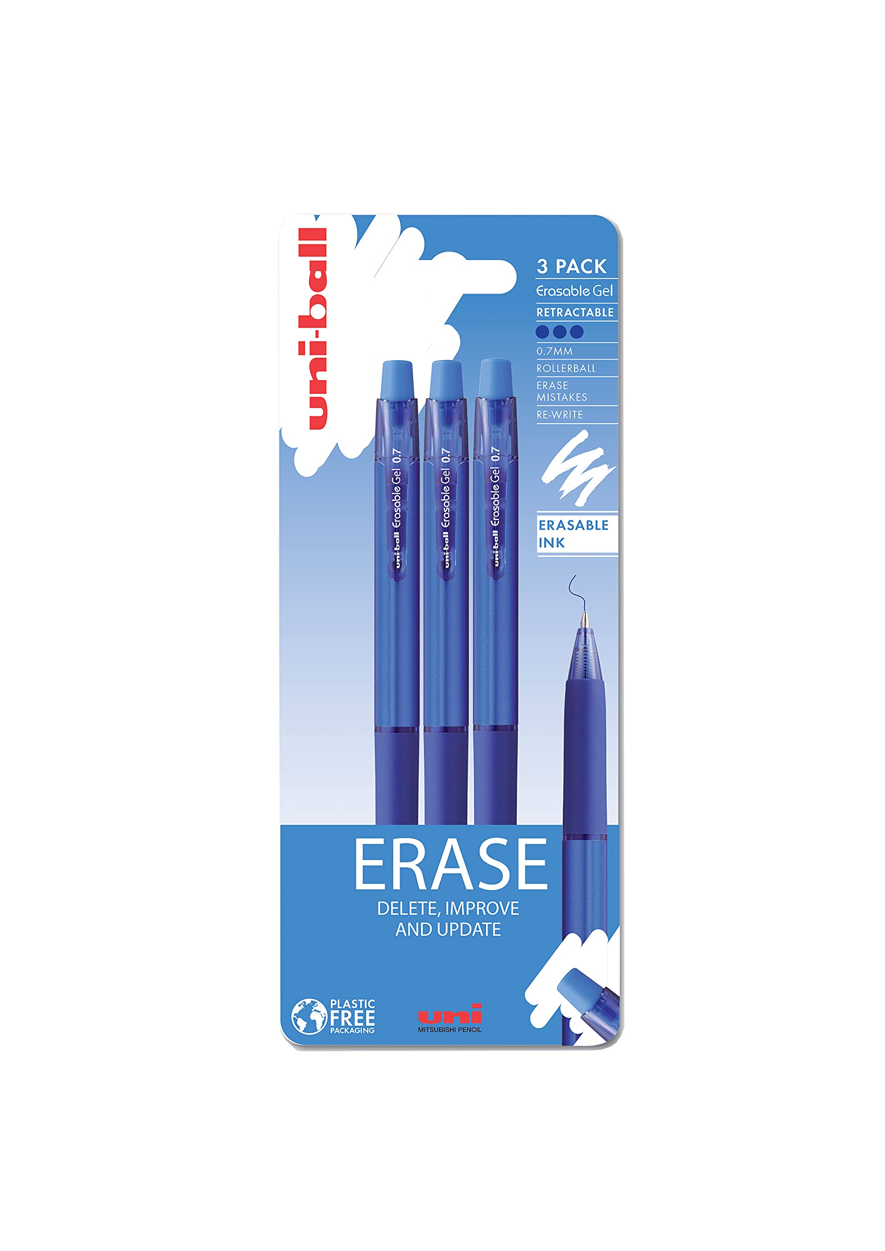 uni-ball URN-181-07 Erasable Ballpoint Blue Gel Ink Pens (3 pack) - 0.7mm Tip, Erase by Rubbing out, for Writing, Drawing, Sketching, Art & Crafts, Home, School or Work