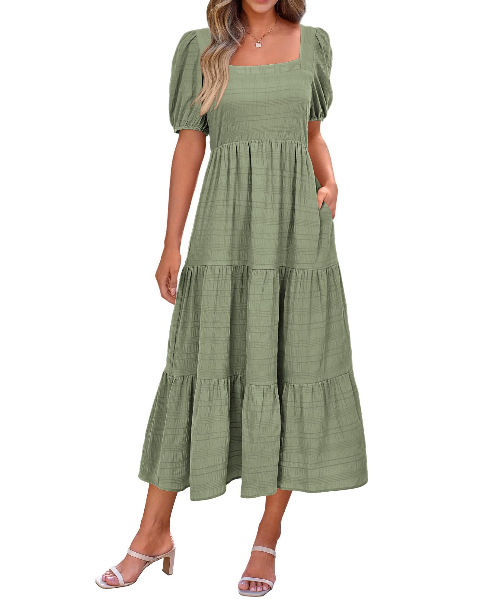 Photo 1 of PRETTYGARDEN Summer Dresses for Women 2025 Fashion Puff Sleeve Square Neck A Line Flowy Loose Fit Tiered Maxi Dress(Bean Green,Large)