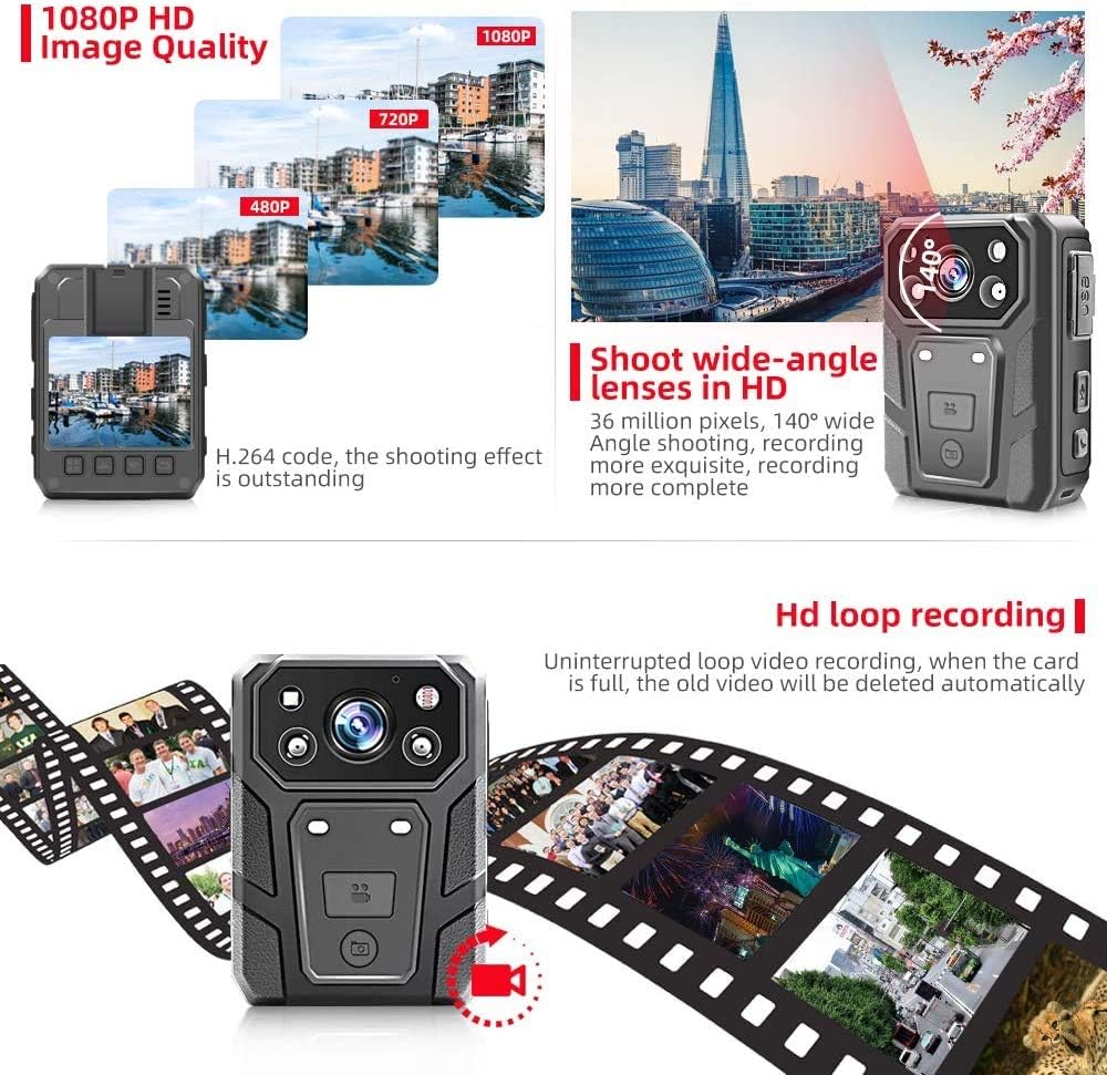 Police Body Camera, 1080p HD Body Worn Camera with 2 Inch Display, Night Vision, 3600w Pixels, Waterproof, 3200mAh Battery, 15 Hours Recording, 64G Memory - Image 3