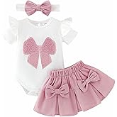 DOMOABEI Baby Girl Clothes Summer Outfits Newborn Ruffled Short Sleeve Romper Cute Bows Skirt with Headband 3PCS 0-18 Months