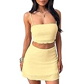 Summer Two Piece Outfits for Women Vacation Going Out Plisse Crop Tops High Waisted Bodycon Mini Skirt Sets