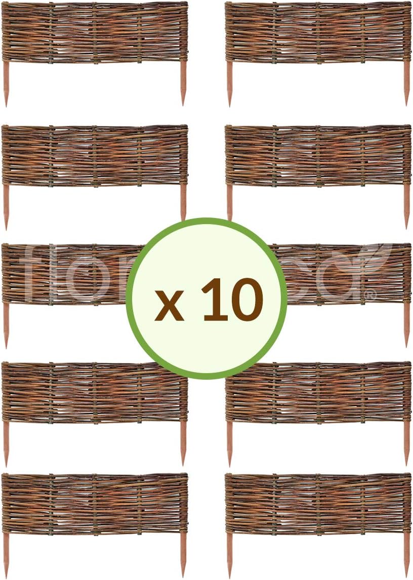 Floranicaยฎ Wooden Border Fencing, Border in 25 Sizes - Impregnated Willow Edging Fence with Beech Stakes, Length:10 pcs x 60 cm, Height:40 cm
