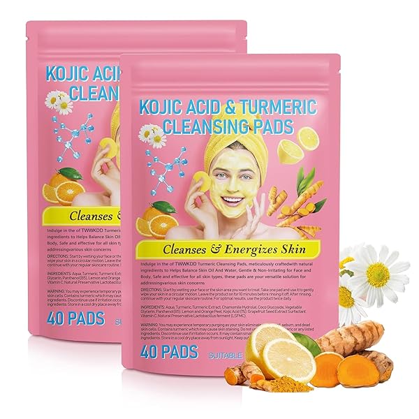 TURMERIC CLEANSING PADS, KOJIC ACID AND TURMERIC CLEANSING PADS, TURMERIC KOJIC ACID CLEANSING PADS, HELPS BALANCE SKIN OIL AND WATER, GENTLE & NON-IRRITATING FOR FACE AND BODY（2PACK * 40PCS）