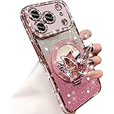 Changjia Magnetic Glitter Case for iPhone 17 Pro,[Compatible with MagSafe] Cute Bling Sparkly Diamond with Camera Protector &Butterfly Kickstand &Makeup Mirror Women Girls Case for iPhone 17 Pro, Pink