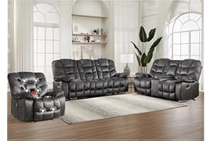 HAOMARKETS 3 Pieces Recliner Sofa Furniture Set, Power Recliner Chair with Message& Heat, Manual Loveseat with Hidden Storage and Cup Holders,3-Seat Reclining Couch for Living Room,Grey
