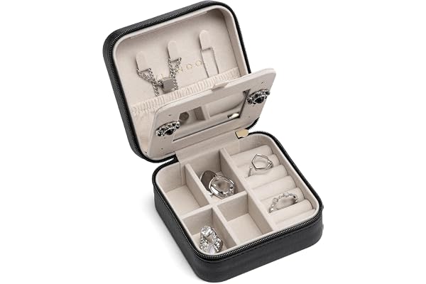 VLANDO Travel Jewelry Case With Mirror,Mothers Day Gifts,Small Portable Jewelry Box,Jewelry Organizer for Rings Earrings Neck