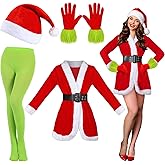 Funtery 5 Pcs Santa Claus Costume Women Christmas Suit Including Velvet Dress with Belt, Hat, Striped Tights, Velvet Gloves