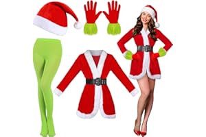 Funtery 5 Pcs Santa Claus Costume Women Christmas Suit Including Velvet Dress with Belt, Hat, Striped Tights, Velvet Gloves