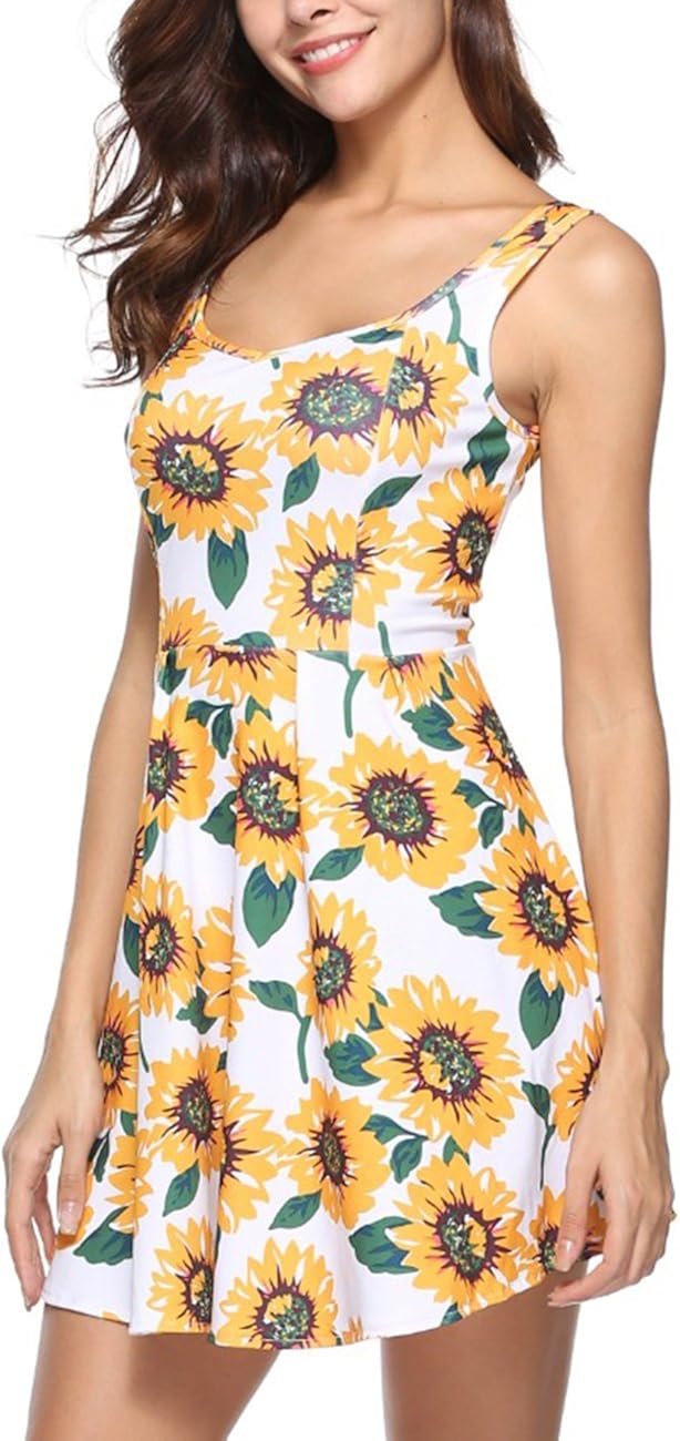 Amazon Liebeye ワンピース ドレス レディース ひまわり ノースリーブ 花柄 A型 ボヘミア ビーチ ベスト スリングドレス 夏 おしゃれ きれいめ 可愛い イエロー Xl ワンピース チュニック 通販