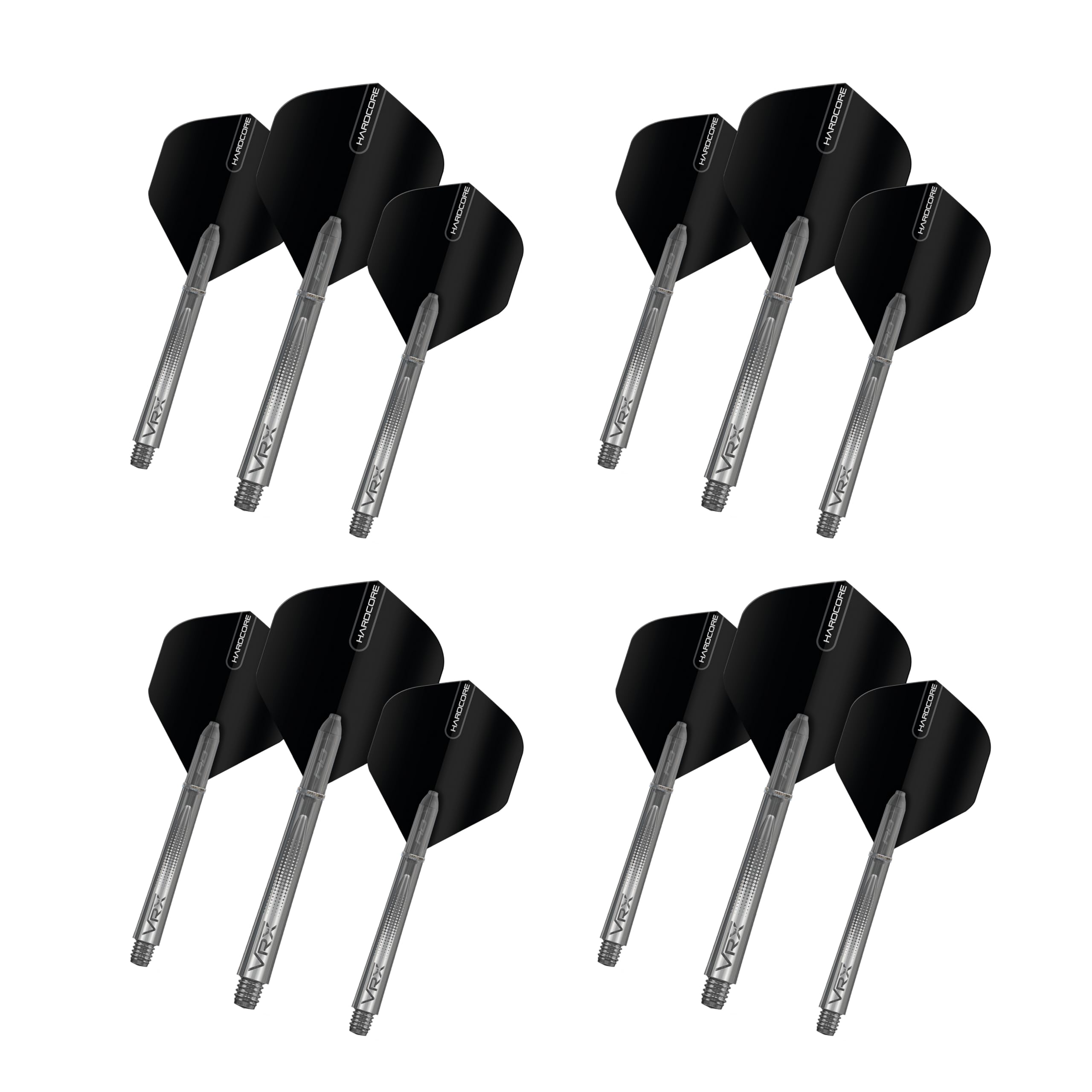 RED DRAGON Dart Flights and Shafts (Stems) Combo Set - Black Hardcore Flights and VRX Black Shafts