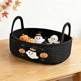 Cute Halloween Ghost & Pumpkin Woven Storage Basket, Black | Woven Cotton Rope, Black Ghost Pumpkin Embroidery, Fits Toilet Tank Top or Countertop, for Bathroom,Shelf or Party Display