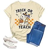 Halloween Teacher Shirts for Women Trick Or Teach Shirts Ghost T Shirt Bookish Tee Funny Cute Short Sleeve Tops