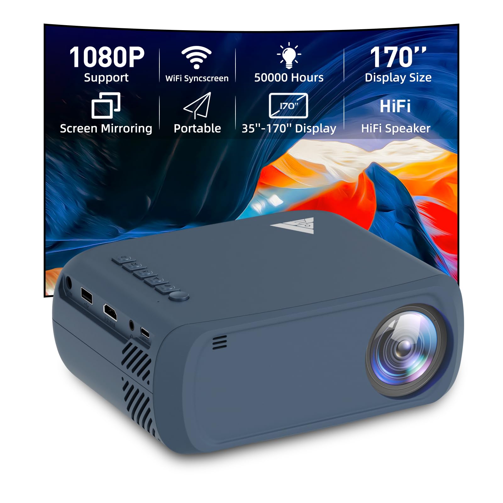 Photo 1 of Mini Projector, iTJQ Portable Projector 1080P Supported for Indoor Outdoor Movies, Phone Projector Compatible with iOS/ Android, Laptop, TV Stick/ PS5, USB/HDMI/Type-C