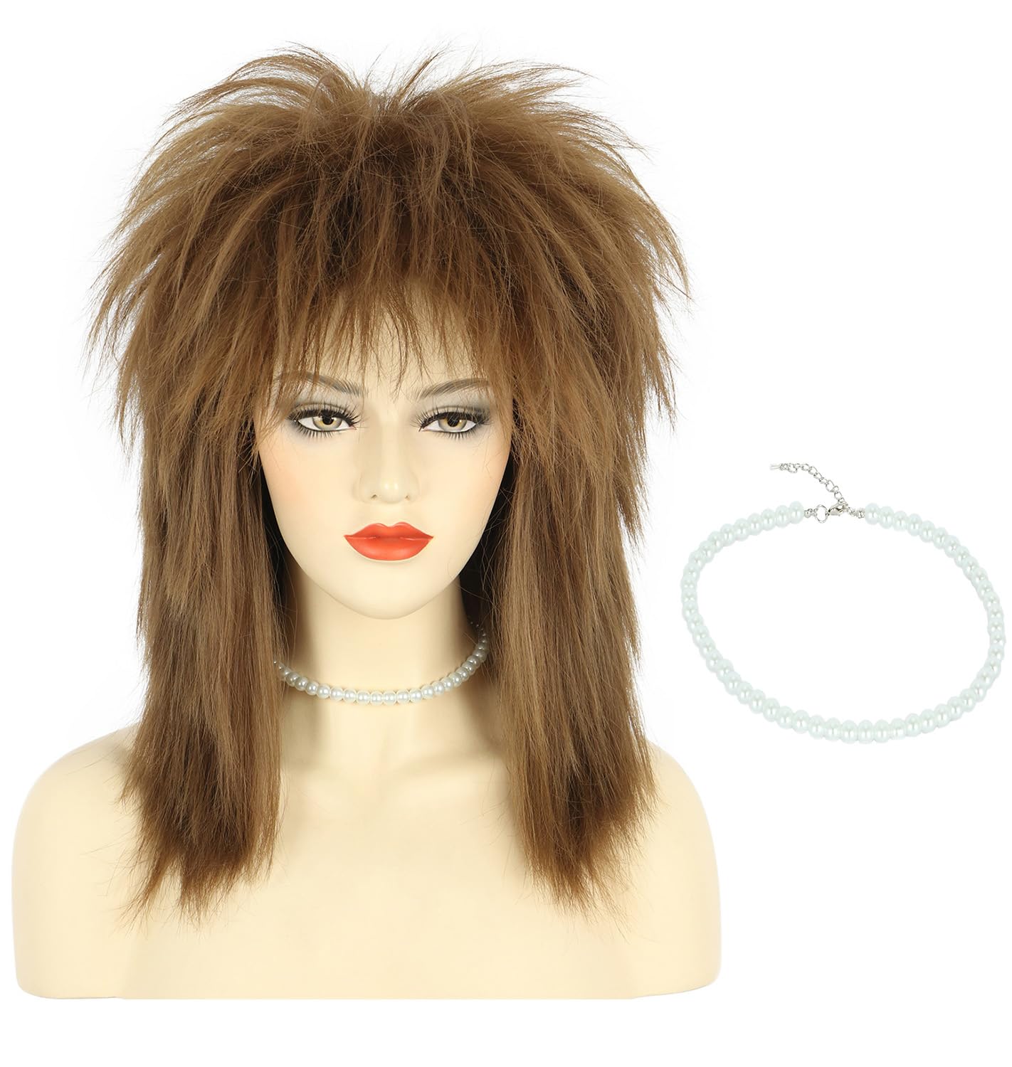 karlery Women Men Long Curly Brown Wig with Necklace 70s 80s Rocker Mullet Costume Halloween Cosplay Party Wig