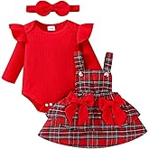 FOCUTEBB Baby Girl Clothes Fall Winter Outfit Long Sleeve Ruffle Romper Plaid Skirt Bow Headband 3 Pcs Set 0-18 Months