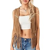 ensswliz Women Fringe Vest 70s Hippie Costume Sleeveless Rivets Tassel Open Front Faux Suede Waistcoat Western Vest