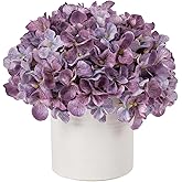 Hydrangea Fake Flowers in Vase, Artificial Flowers with Ceramic Vase Small Faux Potted Floral Arrangements for Bathroom Home Desk Kitchen Counter Vanity Shelf Coffee Table Centerpiece Decor (Purple)