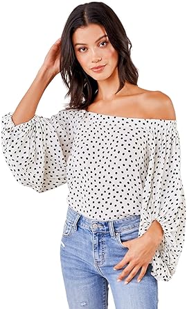 white polka dot off the shoulder top