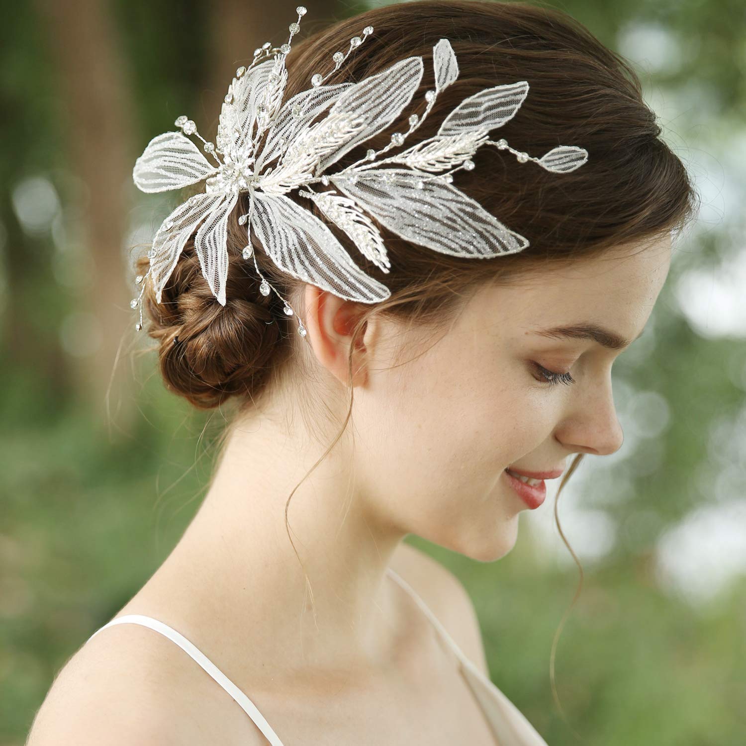 HONEY BEAR Bridal Jewellery Flower Hair Clips for Womens Wedding Accessories,Simulated Pearl and Rhinestones (Net leaf)