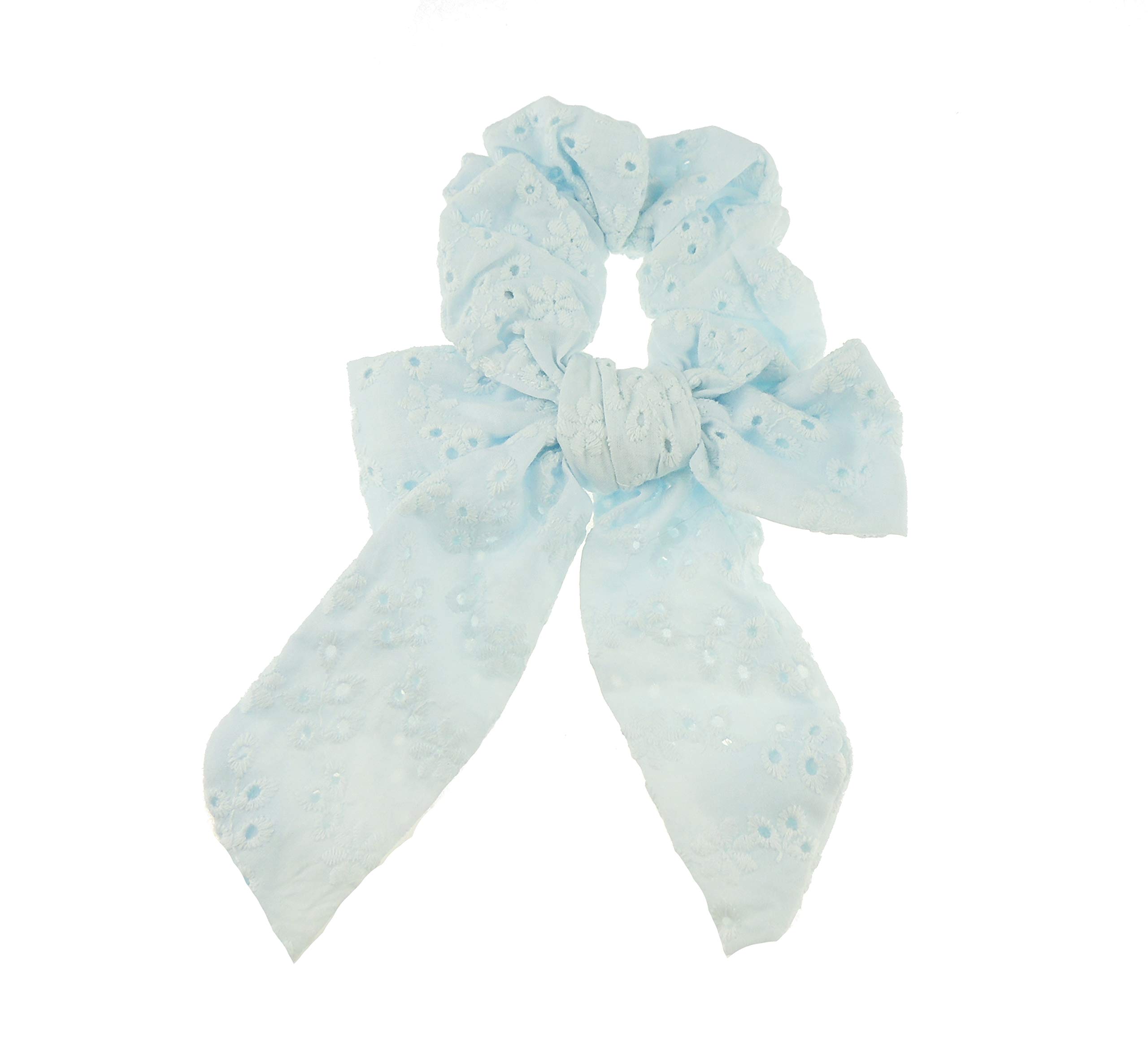 Womens Girls Cotton Broderie Anglais Summer Ditsy Big Bow Pastel School Christmas Party Bag Ponio Rope Hair Tie Up Back Elastic Accessories Bobbles Ponytail Holder Rubber Bands (Baby Blue)
