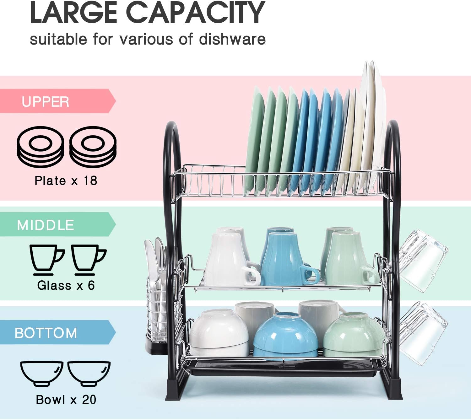 kingrack Dish Drainer,2Tier Dish Rack,Easy Assemble Large Capacity Dish Drying Rack with Side