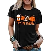 Halloween Shirts for Women Halloween Tis the Season Short Sleeve Shirt | Women Halloween T Shirt Fall Tees Funny Halloween Pumpkin Coffee Graphic Tee, Casual Gifts, Party & Holiday Tops