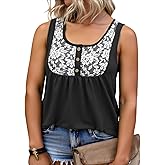 ROSRISS Plus Size Tank Tops for Women Summer Lace Buttons Tunics Cute Pleated Crewneck Blouses Loose Fit Curved Hem T-Shirts