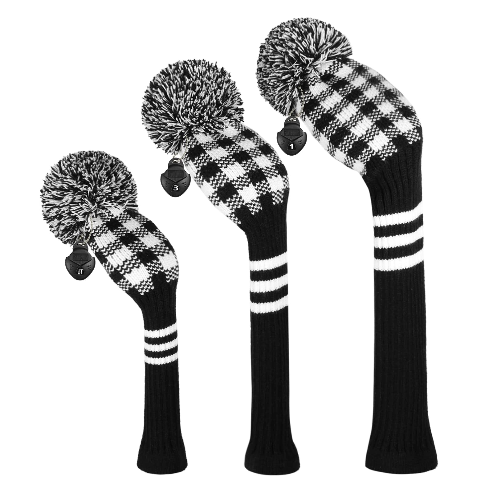 Scott Edward Knitted Golf Club Head Covers for Woods 3Pcs Set Golf Driver (460CC) Fairways and Hybrid/UT with Rotating Number Tags(Black White Gingham)