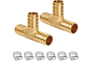 JUWO 3/4" Hose Barb Tee, Brass Barb Fitting for Fuel, Air, Oil, 6 Clamps Included (2-Pack)