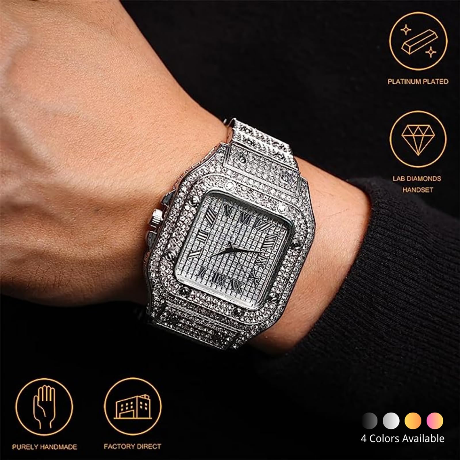 Montre Diamants Pour Garçon/ado - Cadre Carré 31 Mm, Plaqué Or 18k Ou Platine, Quartz Japonais, Longueur 20,5 Cm - Option Chaîne Cubaine Incluse