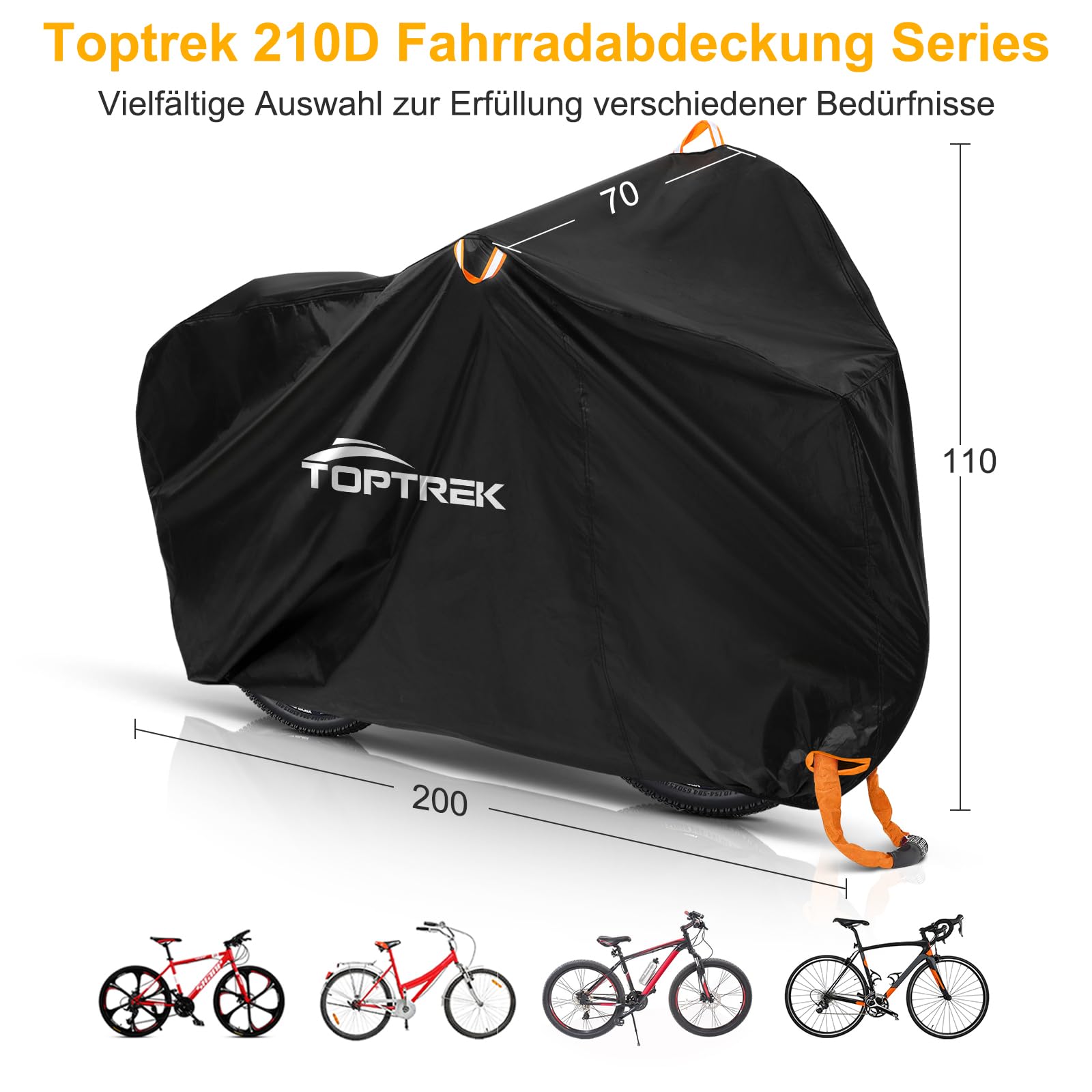 toptrek Fahrradabdeckung Wasserdicht 210D Oxford-Gewebe Fahrradgarage Outdoor 200 x 110 x 70 cm Hochwertige Fahrrad Abdeckplane mit Schlossösen Sonnenschutz Reißfestigkeit mit Beutel 2
