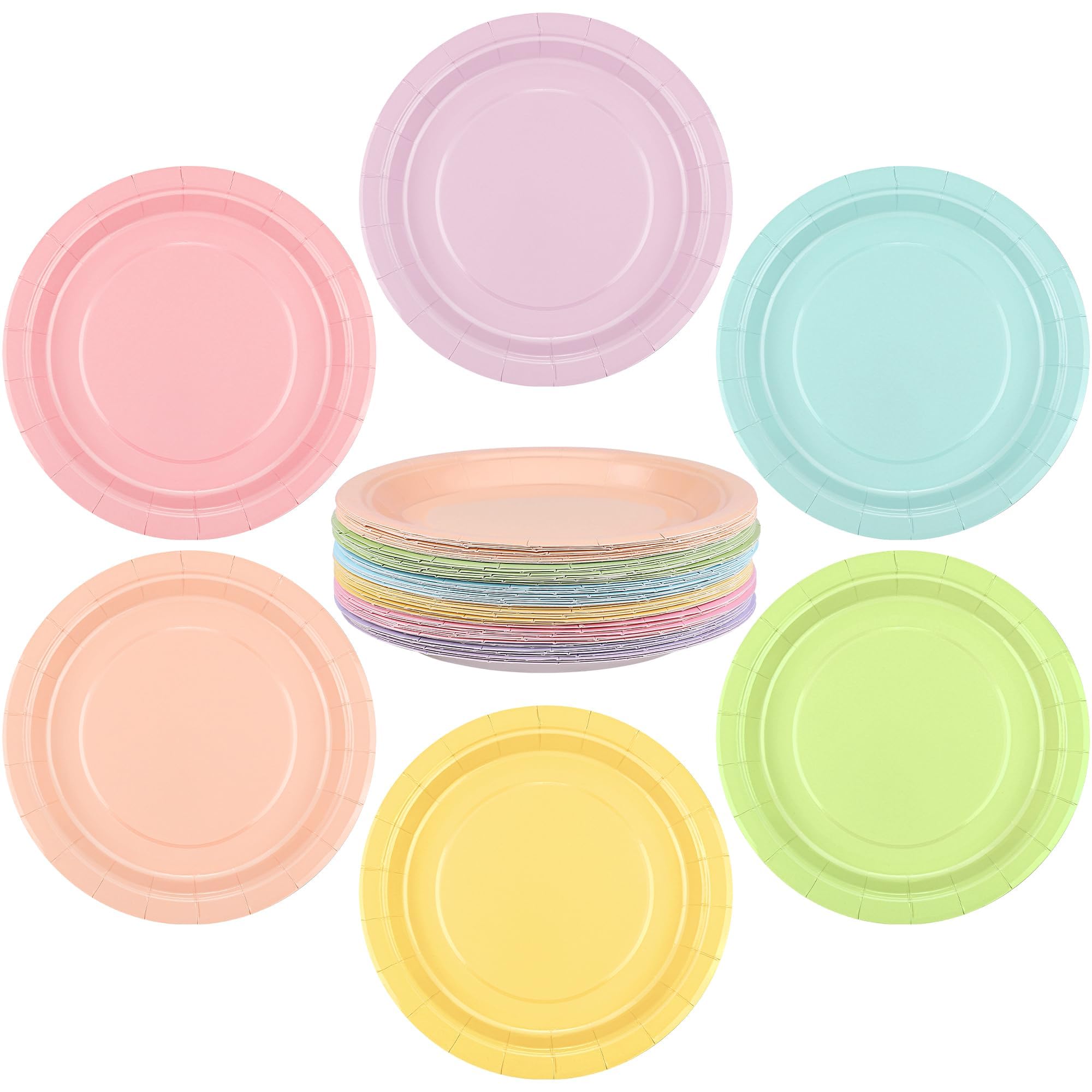 Photo 1 of Breroa 72 Pieces Pastel Rainbow Paper Plates 7 Inch Bulk Plates Disposable Round Dessert Plate Heavy Duty Solid Color Paper Plate Table Decors Party Supply for Birthday, Dinner, Wedding