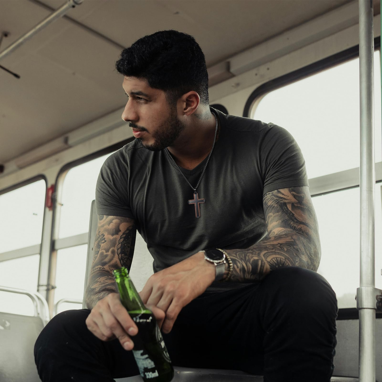 Ropartman Wooden Cross Necklace for Men, Real Ebony Mens Cross Necklaces Black Stainless Steel Christian Christian Gifts for Men Wood Crucifix Pendant, with Necklace 24