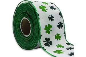 ON-AIRSTORE Saint Patrick's Day Fabric Ribbons, Green Clovers Edge Wired Burlap Ribbon for St Patrick Day Decor Irish Hanging Wrapping Party Gift Decoration Outdoor Crafts Supplies (2.5 Inch * 10 Yards * 1 Roll)