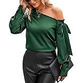 VIDUSSA Women's Off Shoulder Tops Satin Silk Shirts Casual Dressy Blouse Long Sleeve Office Work Tunics