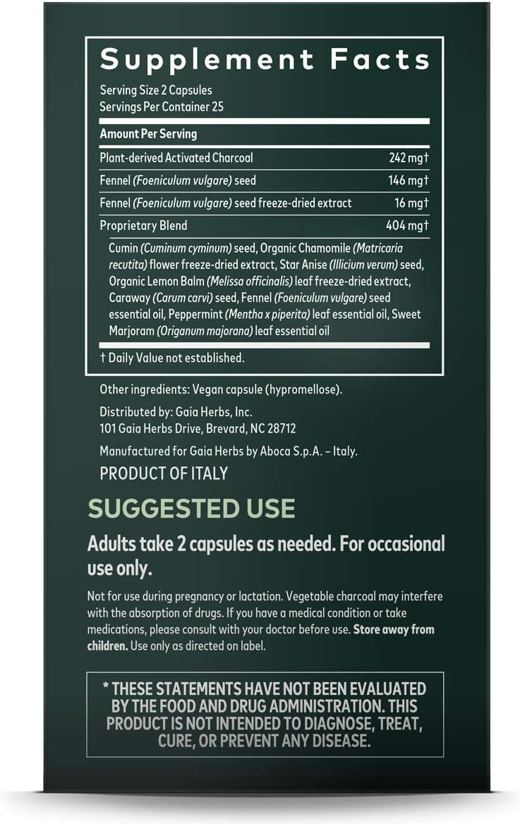 Gaia Herbs Gas & Bloating Supplement, Vegan Capsules, 50 count - Gas Relief Tablets Reduce Bloating and Improve Digestive Function, Activated Charcoal and Fennel: Health & Personal Care