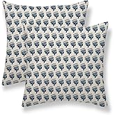 Sunshineyan Blue Floral Pillow Covers 18 x 18 Inch Set of 2 Flower Leaves Block Print Decorative Throw Pillow Covers Outdoor Linen Farmhouse Cushion Cases for Home Sofa Couch Living Room Decor