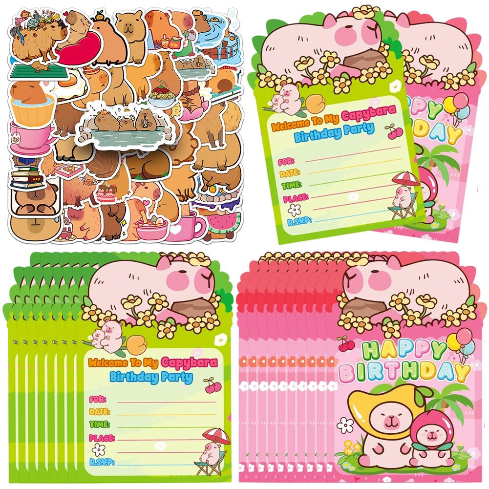 SWZY 20pcs Capybara Birthday Party Invitations, 50pcs Capybara Stickers, Kids Birthday Invites, Kids Birthday Party Invitations for Kids