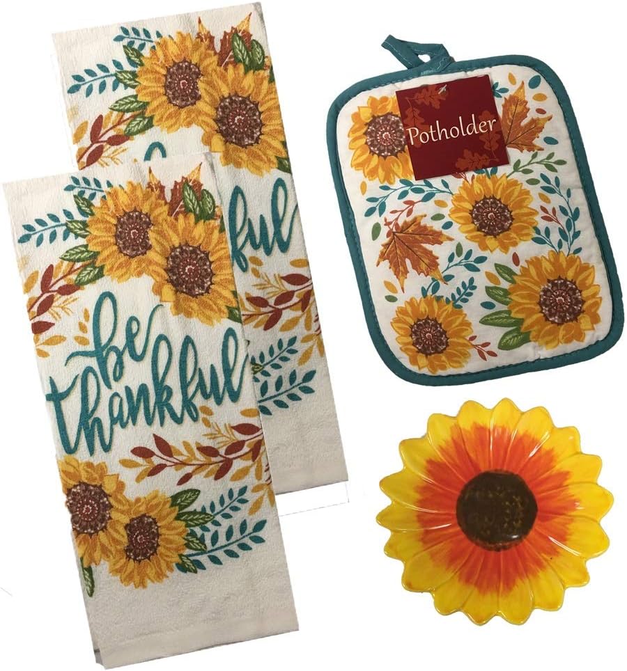 Mixed Sunflower Kitchen 4 Piece Kitchen Set, 2 Dish Towels
