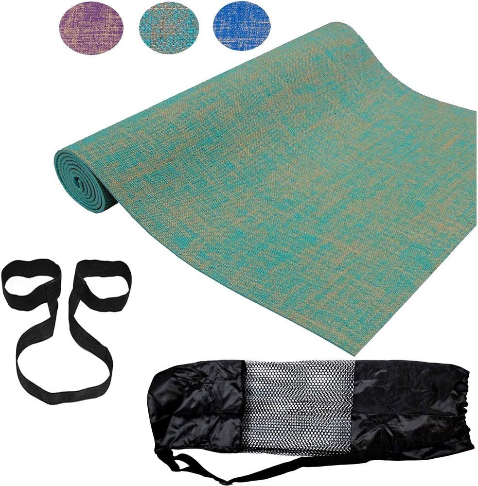 ROMIX Thick Yoga Mat, Eco Friendly Premium Quality Jute Fibres Reversible Non Slip Gymnastic Exercise Pad with Carrying Case Bag and Strap, 72" Non-Toxic Latex Free for Gym Fitness Sit up Pilates
