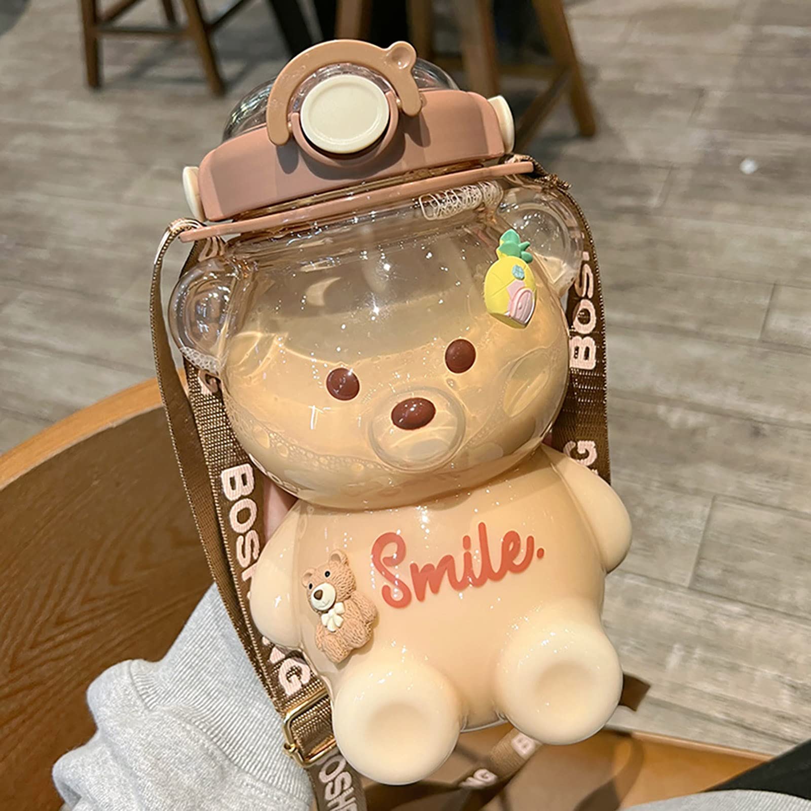 DKIIL NOIYB 1000ml Kawaii Bear Water Bottle With Straw, Large Kawaii Bear Shaped Water Bottle With Shoulder Strap Portable Bear Cute Drinking Bottle for School Travel (With Sticker)