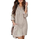 Aoudery Womens Button Down Shirt Dresses with Pockets Striped Cotton Shirts Collared Long Sleeve High Low Blouse Tops