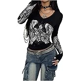 RoseSeek Women's Y2k Graphic Tees Long Sleeve V Neck T Shirts Slim Fit Gothic Crop Tops