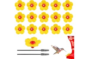 SALBSEVER 16 Pieces Hummingbird Feeders Replacement Flowers Yellow Pet Replacement Bird Feeder Replacement Parts with 2 PCS Brush Feeding Ports Bee Guards for Hummingbird Feeders for Outdoors Hanging Feeder