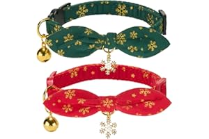 YUDOTE Bunny Ear Christmas Bowtie Cat Collar with Bell 2 Pack Cotton Breakaway Snowflakes Holiday Kitten Collars(Red+Green)